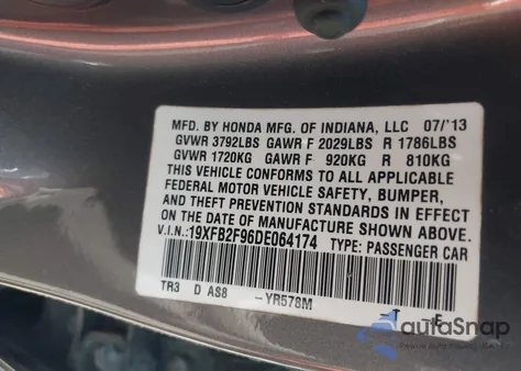 2013 Honda Civic Ex-L z USA, uszkodzony, nr VIN 19XFB2F96DE064174